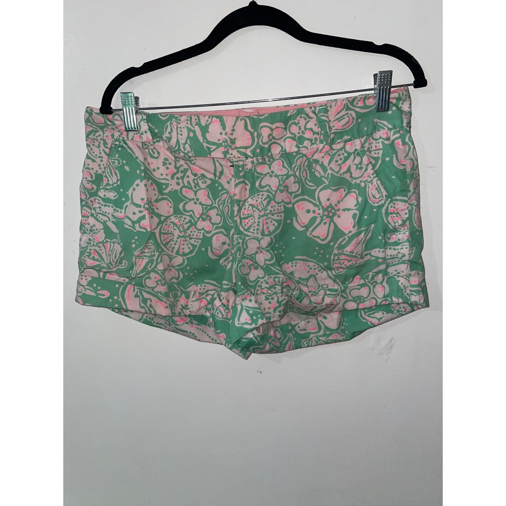 Lilly Pulitzer Barclay Chino Shorts Green Pink Floral Shell Print Womens‎ 8